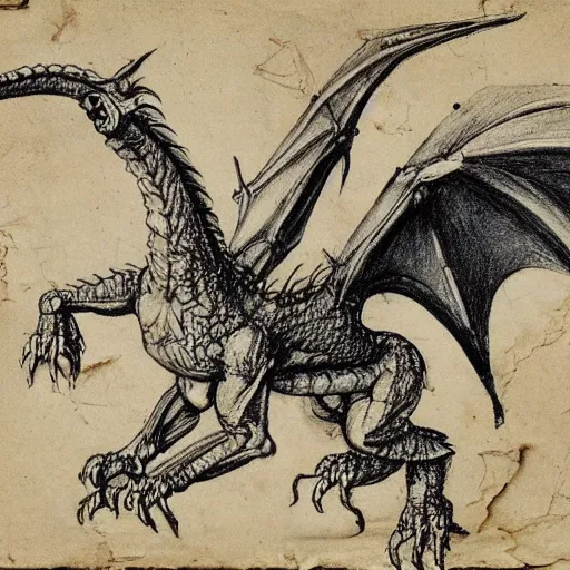 Image similar to extremely detailed anatomy sketch of a dragon by leonardo da vinci, aged parchment