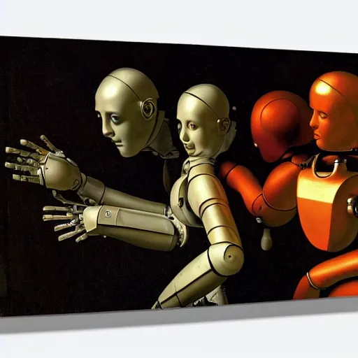 Prompt: robots holding hands by caravaggio