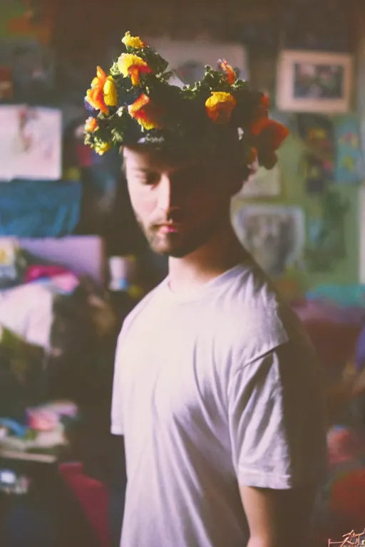 Prompt: kodak portra 4 0 0 photograph of a guy wearing a flower crown in a cluttered messy 9 0 s bedroom, back view, lens flare, moody lighting, moody vibe, telephoto, 9 0 s vibe, blurry background, grain, tranquil, calm, faded!,