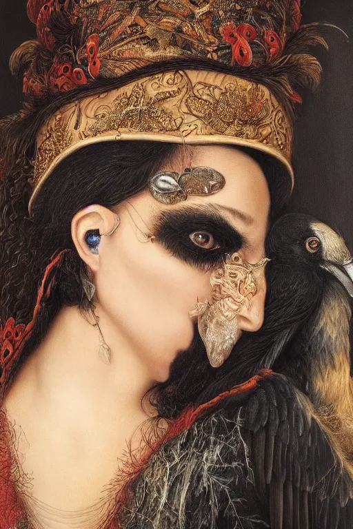 Image similar to a breathtakingly stunningly beautifully highly detailed portrait of a majestic raven, by rosetti and michael cheval and turner, 4 k