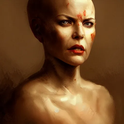 Prompt: painting of a bald woman, sad, cry, gloomy, blood, fire, intricate, elegant, highly detailed, digital painting, artstation, concept art, matte, sharp focus, illustration, octane render, unreal engine, art by aenaluck and roberto ferri and greg rutkowski, epic fantasy, digital painting