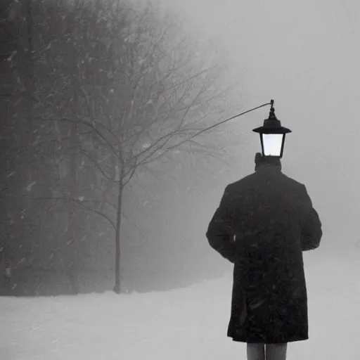 Prompt: a man holds a lantern, snowstorm, foggy, cold, view from the distance, black and white vintage photo