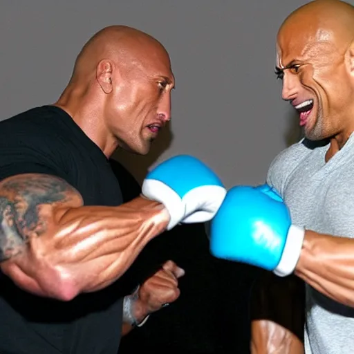 Prompt: Dwayne Johnson punching with a robotic arm