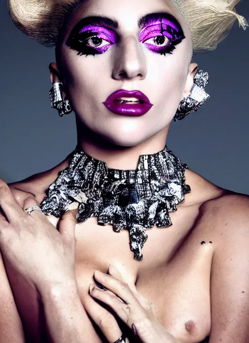 Prompt: lady gaga styled by nick knight posing , high fashion themed, archive pieces, anne leibovitz, vogue magazine, Highly realistic. High resolution. Highly detailed. Dramatic. 8k.4k.