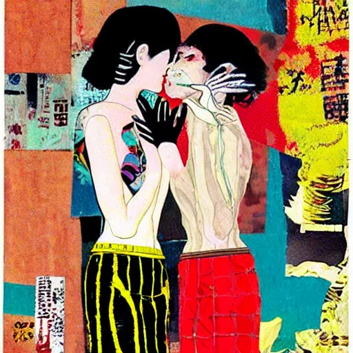 Image similar to beautiful painting of two bizarre psychedelic women kissing each other closeup in japan, speculative evolution, mixed media collage by basquiat and junji ito, magazine collage art, paper collage art, sapphic art, lesbian art