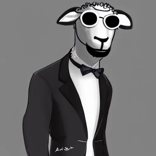 Prompt: male sheep character design ， a gentleman, wearing a suit, a glasses, by andrews, esao, artstation