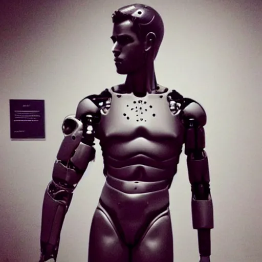 Image similar to “ a realistic detailed photo of a guy who is an attractive humanoid who is half robot and half humanoid, who is a male android, actor liam hemsworth, shiny skin, posing like a statue, blank stare, at the museum, on display ”