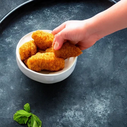 Image similar to rotten human hand picking up a moldy chicken nugget in a bowl, hd, 4k image