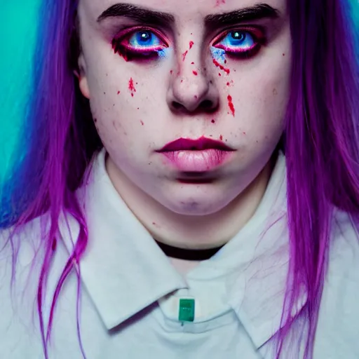 Image similar to Billie Eilish with blood coming from her eyes, XF IQ4, 150MP, 50mm, F1.4, ISO 200, 1/160s, natural light, Adobe Lightroom, photolab, Affinity Photo, PhotoDirector 365