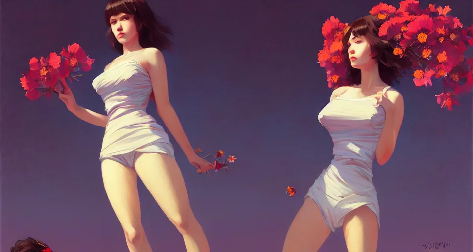 Image similar to a full - body female, with flowers inplace of clothes, night setting. realistic shaded lighting poster by ilya kuvshinov katsuhiro, magali villeneuve, artgerm, jeremy lipkin and michael garmash, rob rey and kentaro miura style, trending on art station pinhole photography