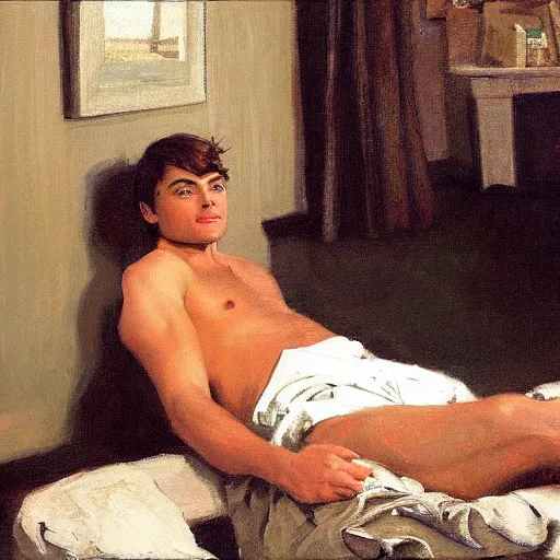 Image similar to Harold knight painting of zach efron posing in a studio,