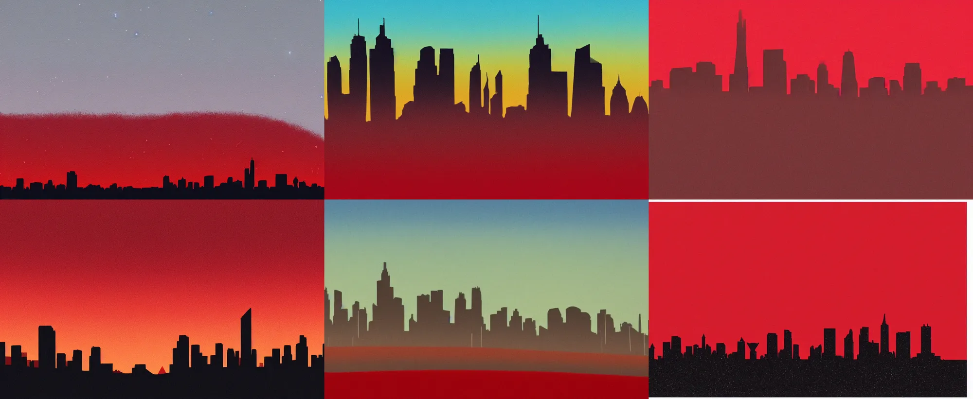 Prompt: a red alien landscape with a silhouette of a city skyline