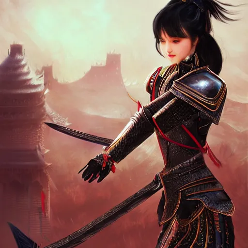 Image similar to portrait black hair young knights of Dynasty Warriors girl, metallic red armor, in ruin fire great wall sunset, ssci-fi and fantasy, intricate and very beautiful and elegant, highly detailed, digital painting, soft light, artstation, concept art, smooth and sharp focus, illustration, art by tian zi and WLOP and alphonse mucha