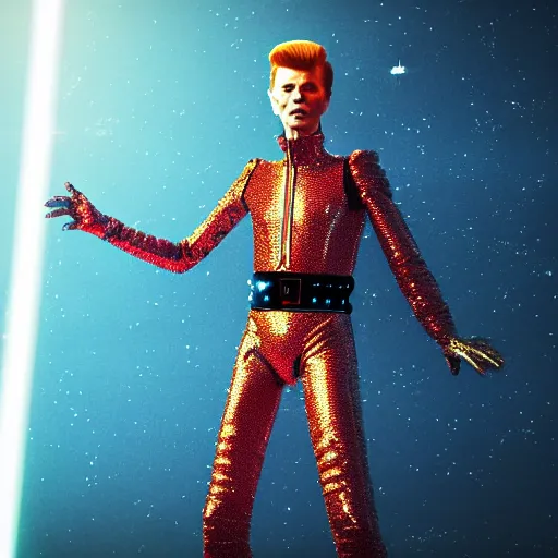 Image similar to portrait of david bowie wearing a rocknroll glitzy glamour spacesuit, beautiful, heroic action pose, stunning alien landscape, cinematic, dramatic studio lighting, close up, in the style of kubrick, ridley scott, jodorowsky, dune, star wars, transformers, moulin rouge, tron, science fiction, illustration, 3 d sculpture octane render