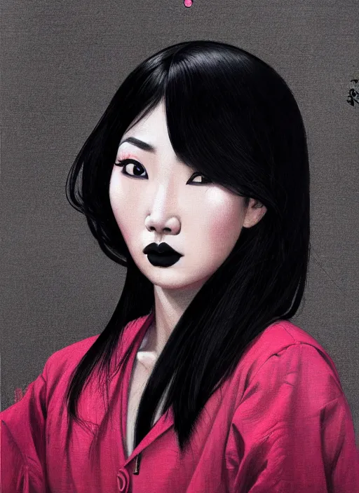 Image similar to portrait of an asian woman with a crooked nose and a confident expression, 1 9 6 0 s, black clothes, goth, punk, brightly coloured hair, funk, intricate, elegant, highly detailed, digital painting, artstation, concept art, smooth, sharp focus, illustration, art by wlop, mars ravelo and greg rutkowski