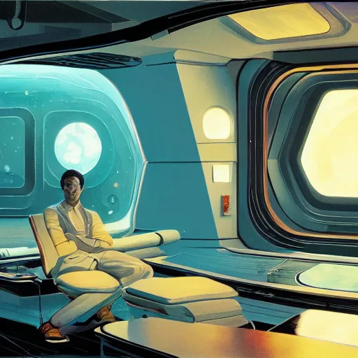 Image similar to Cozy interior of a spaceship, teal lighting, cozy lighting, space seen outside from a window, by Syd Mead, John Harris, Federico Pelat