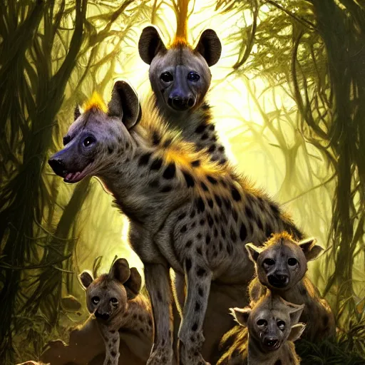 Prompt: photo of a humanoid hyena with hyena head feeds hyena puppies in the forest, highly detailed, digital painting, artstation, smooth, sharp focus, illustration, art by artgerm and greg rutkowski and alphonse mucha