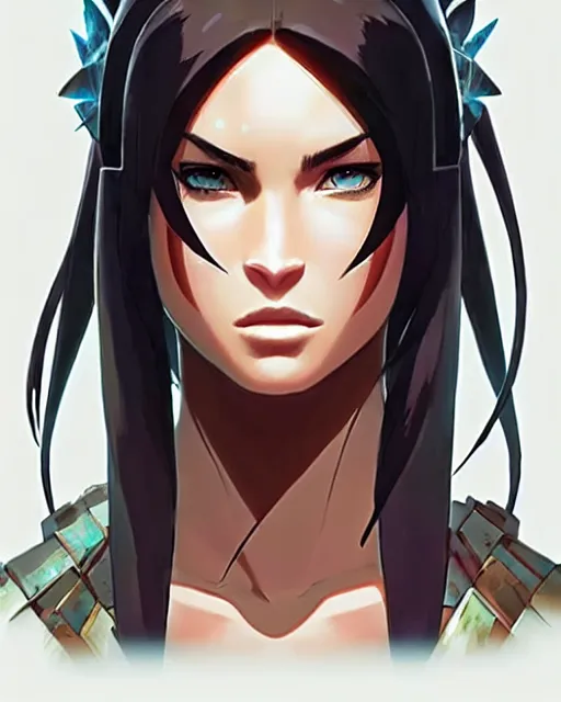 Image similar to azctec warrior, megan fox, gemstone forehead, detailed perfect face, exquisite details, fire magic, mid view, design on a white background, by studio muti, greg rutkowski makoto shinkai takashi takeuchi studio ghibli