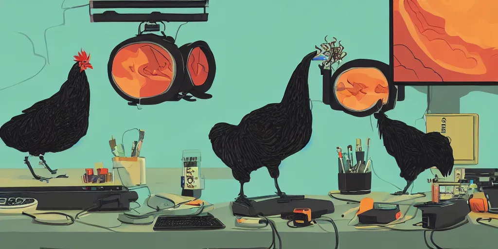 Prompt: 'black chicken!!!' smoking 'cannabis!!!!!!' in front of 'multi monitors'!!!!!! broadcasting studio, artwork by James Gilleard