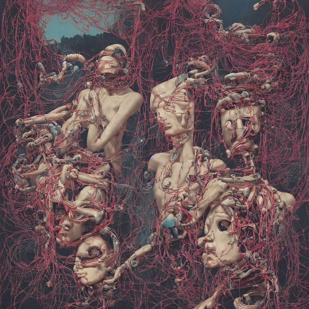 Prompt: Tristan Eaton & Greg Rutkowski, award winning masterpiece with incredible details, Zhang Kechun, a surreal vaporwave vaporwave vaporwave vaporwave vaporwave painting by Thomas Cole of an old pink mannequin head with cables and wires coming out of it's neck, sinking underwater, highly detailed