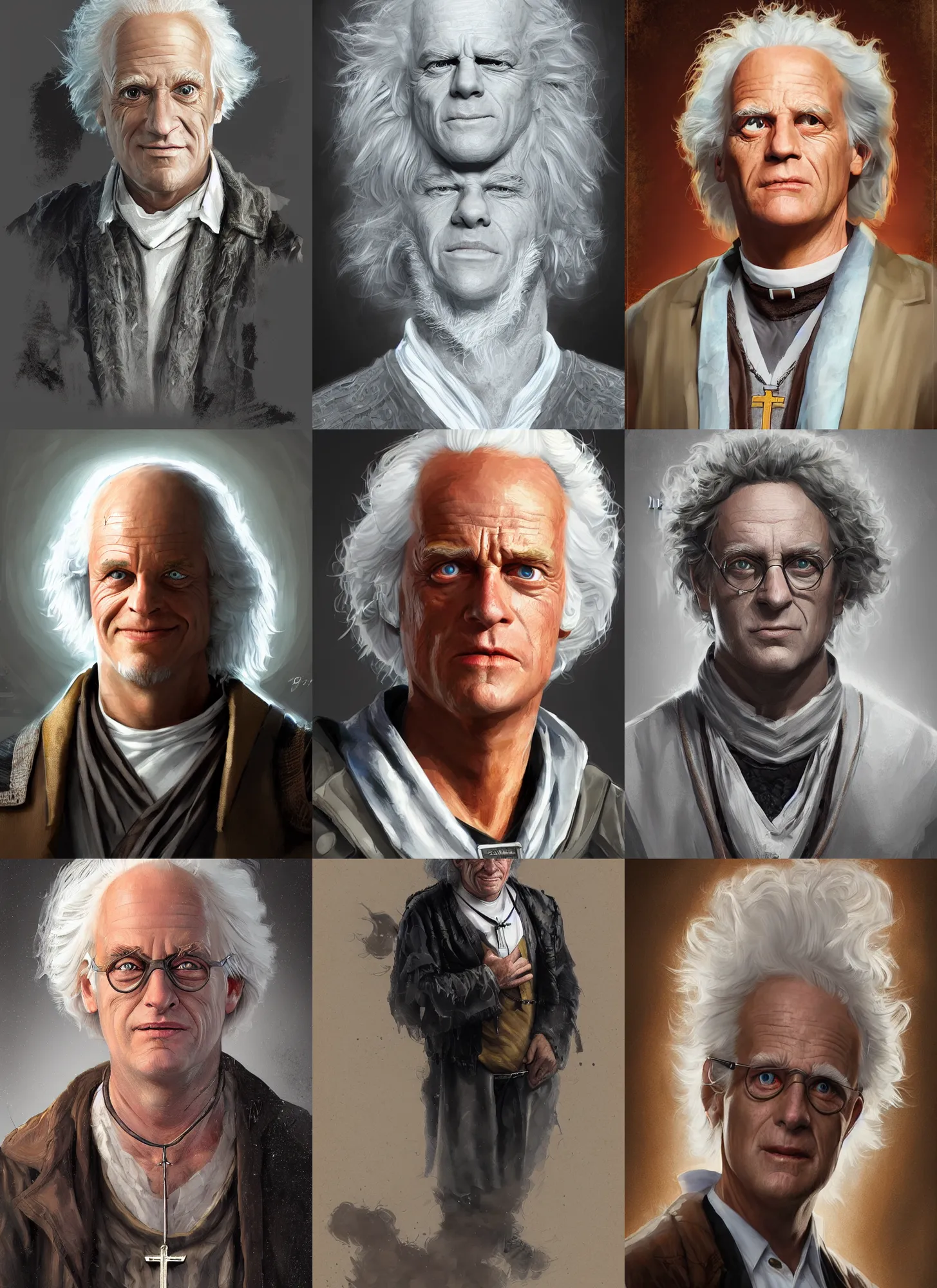 Prompt: emmett brown portrait as medieval theologian, highly detailed, digital painting, artstation, concept art, sharp focus, illustration, rutkowski, aleksi briclot