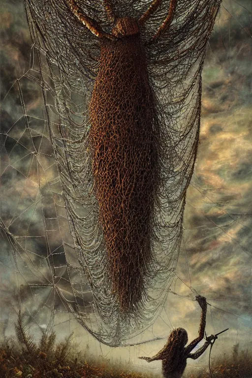 Image similar to a human caught in a giant spider web. art by tomasz alen kopera.