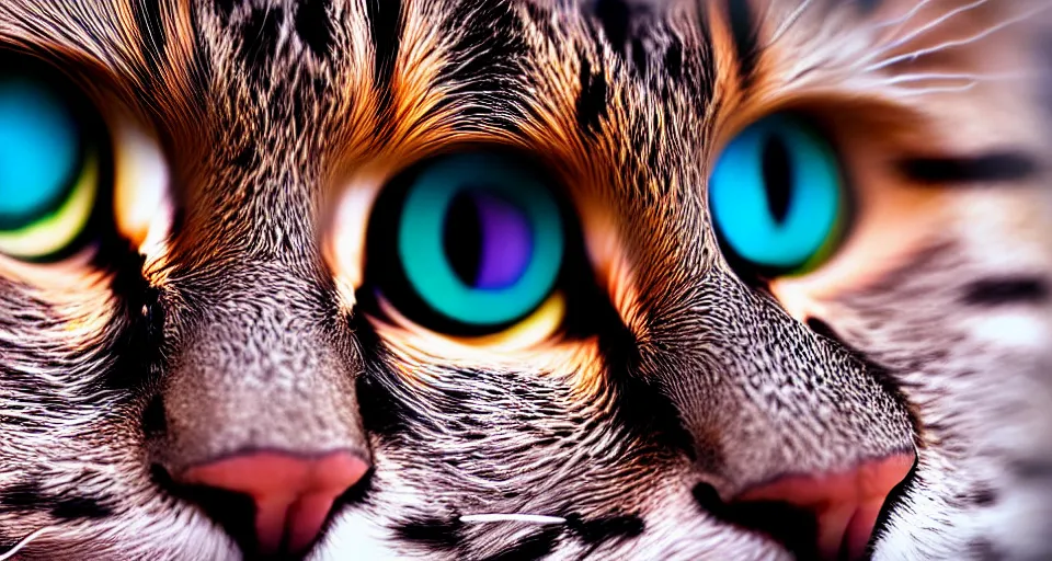 Image similar to up close fisheye lens photo of a cats face, macro photography, complementing colors, film