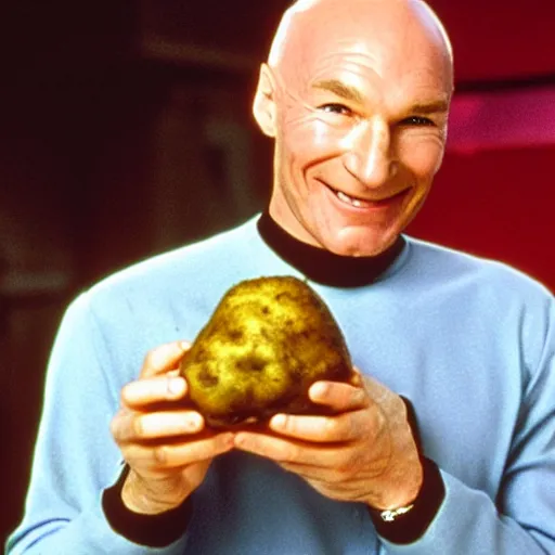 Prompt: captain picard smiling holding holding a potato, still from 9 0 s tv - show