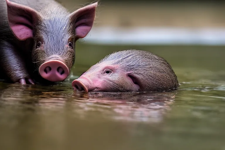 Image similar to a pig platypus!!! hybrid! hyper realistic!! realistic lighting!! wildlife photographer of the year!!! bold natural colors, national geographic, hd, wide angle, 8 k