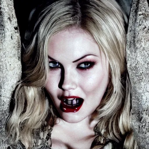 Image similar to elisha cuthbert as a vampire showing her fangs in a gloomy gothic cathedral at night