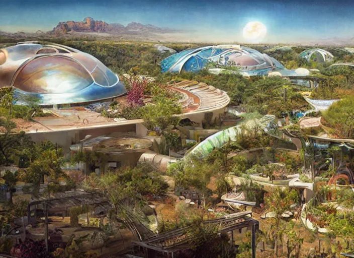 Prompt: an imax view of a eco - friendly solarpunk habitat in a futuristic suburb of tuscon arizona, art by alejandro burdisio and federico pelat and paolo soleri, hyperrealism