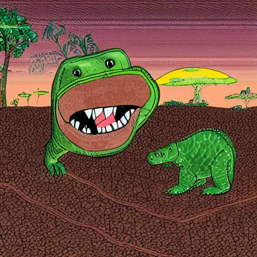 Prompt: digital art, farmer recollecting planets for a big crocodile that is waiting to eat them with a pink bib of a bear