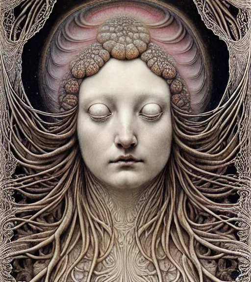 Image similar to detailed realistic beautiful fungi goddess face portrait by jean delville, gustave dore, iris van herpen and marco mazzoni, art forms of nature by ernst haeckel, art nouveau, symbolist, visionary, gothic, neo - gothic, pre - raphaelite, fractal lace, intricate alien botanicals, ai biodiversity, surreality, hyperdetailed ultrasharp octane render