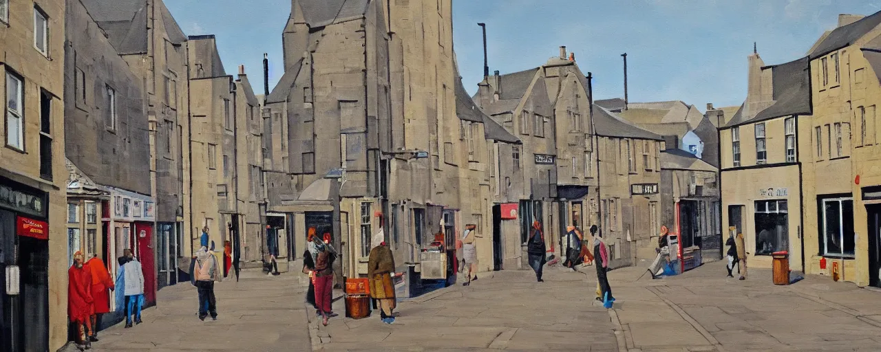 Prompt: a painting of street life in kirkwall orkney, neat, precise, detailed, accurate, realistic, meticulous