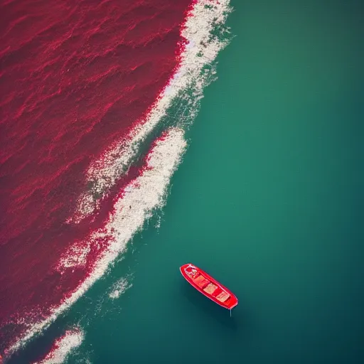 Image similar to a lonely boat floating in the turbulent red ocean, tsunami, fierce huge waves, dangerous depressing atmosphere, dark tone, illustration, aerial view, evil, artstation, octane render