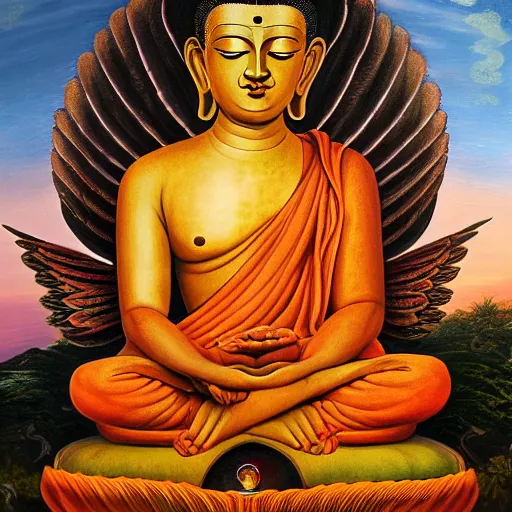 Image similar to Siddhartha Gautama with wings, flapping its wings flying in sunset sky, oil on canvas, portrait, intricate, 8k highly professionally detailed, HDR, CGsociety