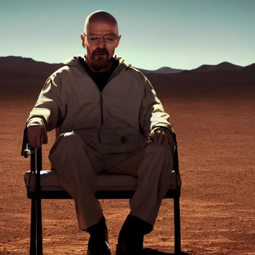 Prompt: breaking bad still frame of a close - up shot of walter white shocked, desert background, breaking bad