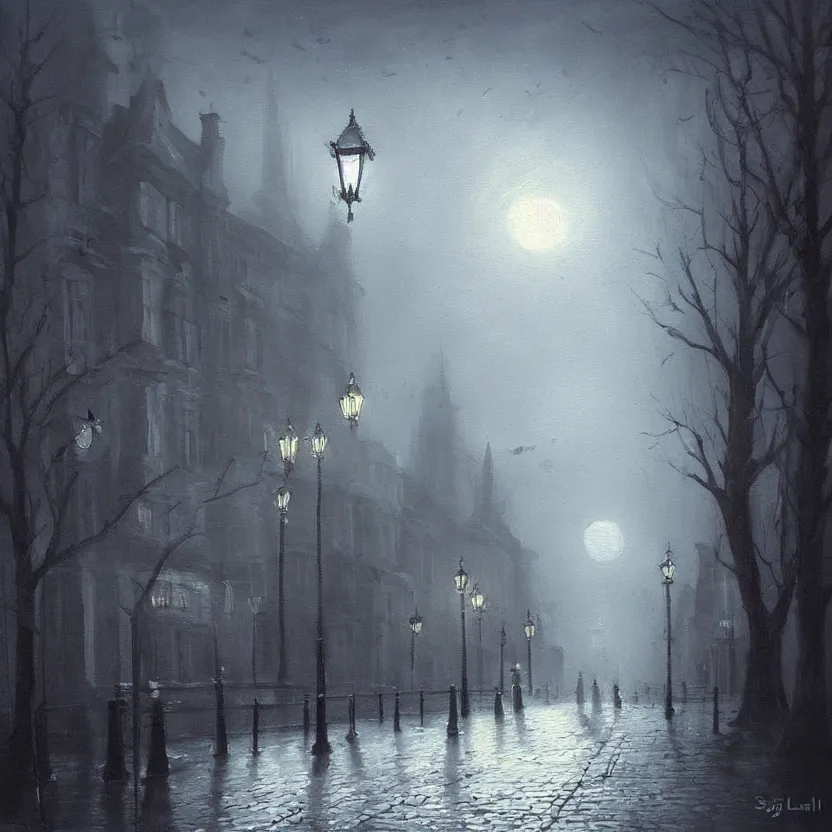 Prompt: beautiful painting of old London street scene spooky dark fog in the moonlight fantasy mystical Sergey Lukashin