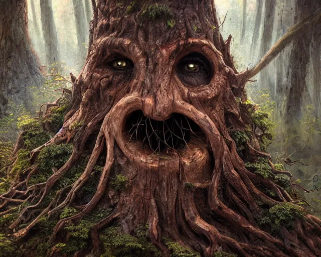 Prompt: a talking tree, a face in the bark, nose made of wood, mouth in the bark, eyes in the bark, fantasy concept art, fantasy oil painting, hyperrealistic, treebeard, ents, magical, highly detailed, artstation, cgsociety, in the forest