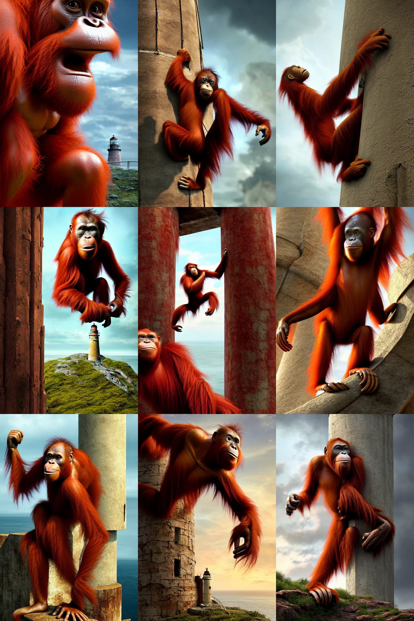 Prompt: polished sweaty red orangutan climbing on the top of ruined lighthouse : : weta disney pixar movie still photo : : hi - fructose, sci fi, fantasy, decadent highly - detailed digital painting, golden ratio, octane render, artstation, smooth, sharp focus, artgerm, mucha, loish, wlop : :