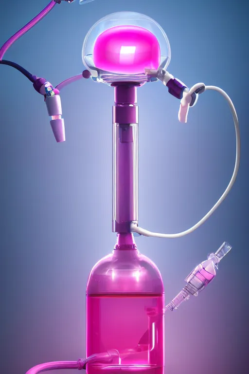 Prompt: Pink Vapor Inhalation Robot in a Medical Laboratory Connected to a Spherical Bottle of Pink Liquid by a Tube, Pink Vapor Leaking from an Oxygen Mask, fantasy, magic, ultra detailed, digital art, trending on artstation, illustration