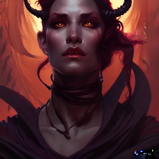 Image similar to , portrait of an dark hot tiefling, D&D, fantasy, intricate, elegant, highly detailed, digital painting, artstation, concept art, smooth, sharp focus, illustration, art by artgerm and greg rutkowski and alphonse mucha