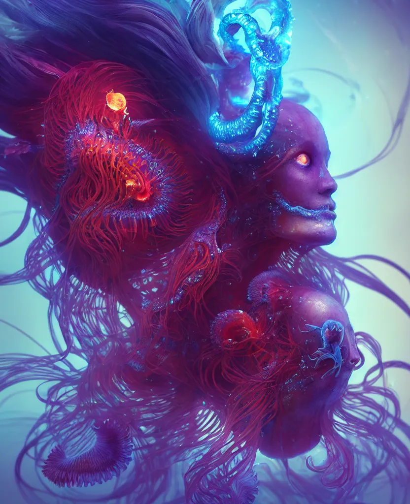 Image similar to goddess close-up portrait. chimera orchid jellyfish phoenix head, nautilus, skull, betta fish, bioluminiscent creatures, intricate artwork by Tooth Wu and wlop and beeple. octane render, trending on artstation, greg rutkowski very coherent symmetrical artwork. cinematic, hyper realism, high detail, octane render, 8k