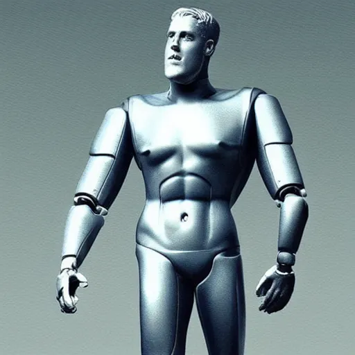 Image similar to “a realistic detailed photo of a guy who is an attractive humanoid who is half robot and half humanoid, who is a male android, football player JJ Watt, shiny skin, posing like a statue, blank stare”