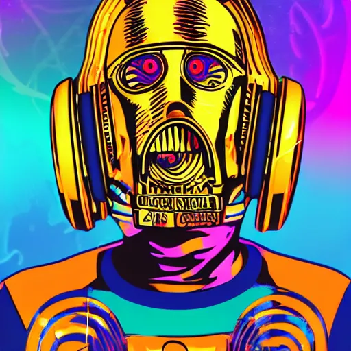 Image similar to artgerm, psychedelic laughing c 3 p 0, rocking out, headphones dj rave, digital artwork, r. crumb, svg vector