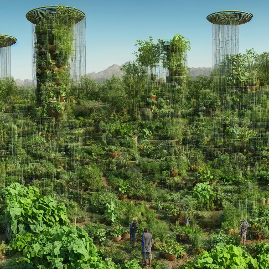 Prompt: terraformation project, permaculture, torus shaped electrostatic water condensation collector tower, irrigation system in the background, vertical vegetable gardens under shadecloth and hexagonal frames, in the middle of the desert, XF IQ4, 150MP, 50mm, F1.4, ISO 200, 1/160s, natural light