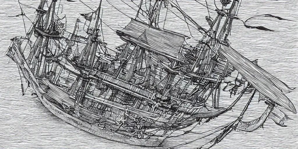 Image similar to a pirate ship top view, hyper realistic, line art, drawing, sketching, illustration, art by hebron ppg