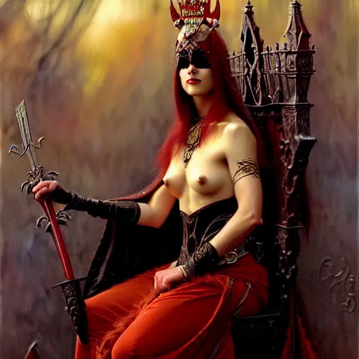 Image similar to full body portrait of red skinned, masked queen in black gothic robes sitting on a throne of swords, elegant, highly detailed painting by gaston bussiere, craig mullins, j. c. leyendecker, 8 k, mid shot