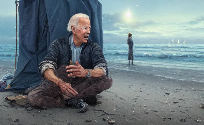 Prompt: highly detailed portrait of joe biden as a homeless, on the beach, stephen bliss, unreal engine, fantasy art by greg rutkowski, loish, rhads, ferdinand knab, makoto shinkai and lois van baarle, ilya kuvshinov, rossdraws, tom bagshaw, global illumination, radiant light, detailed and intricate environment