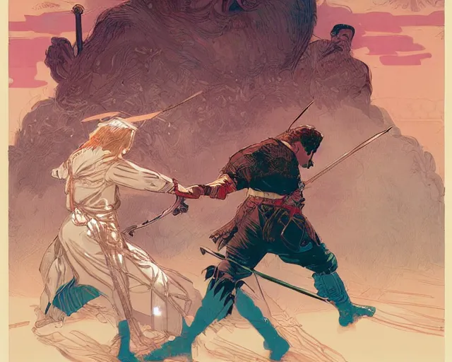 Prompt: a beautiful maiden sword fighting a big burly man, digital art, illustrated by james gurney and victo ngai